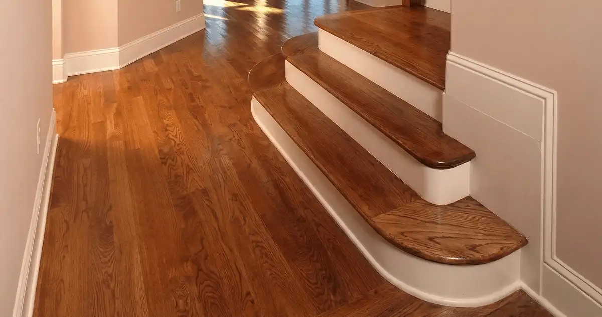 Base floor of a staircase with professionally restored wood flooring in Boston MA