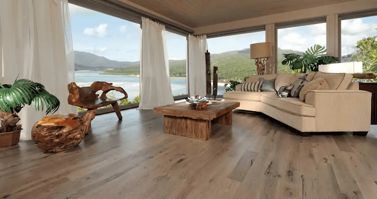 Professionally installed vinyl flooring in a modern living room with large windows in Boston, MA